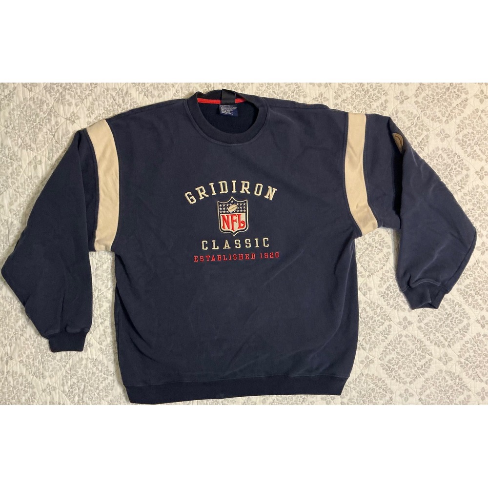 VTG Y2K‎ NFL Reebok Gridiron Classic Mens L Sweatshirt Blue/Wht Stripes Heavy